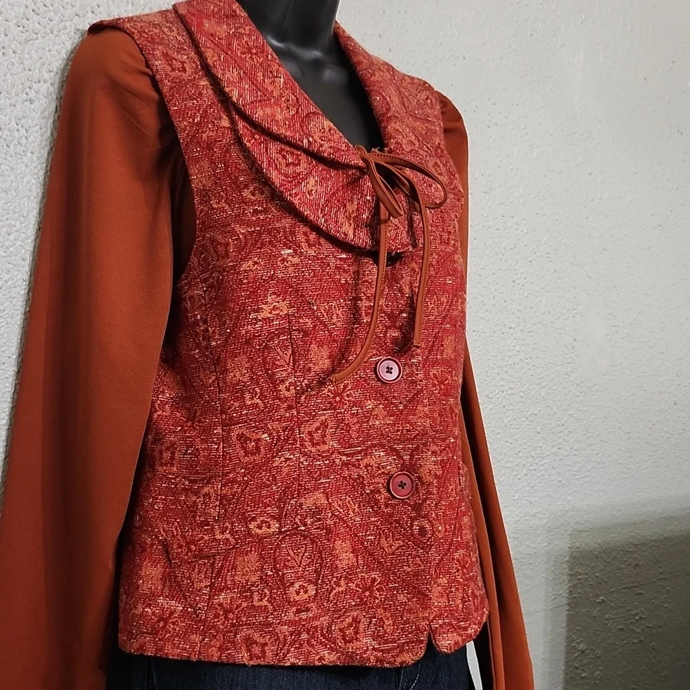 Karl Lagerfeld Tapestry Vintage Vest Double Flap Collar Wool/Silk Button Up Rust - Picture 3 of 12